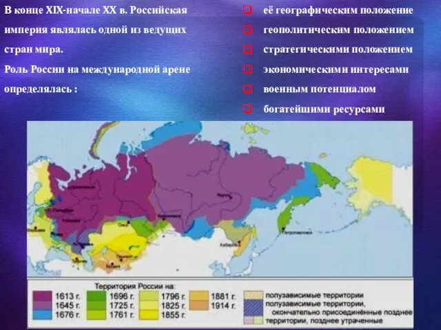 В конце XIX-начале XX в. Российская империя являлась одной из ведущих