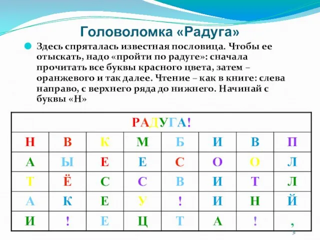 Головоломка «Радуга» Здесь спряталась известная пословица. Чтобы ее отыскать, надо «пройти