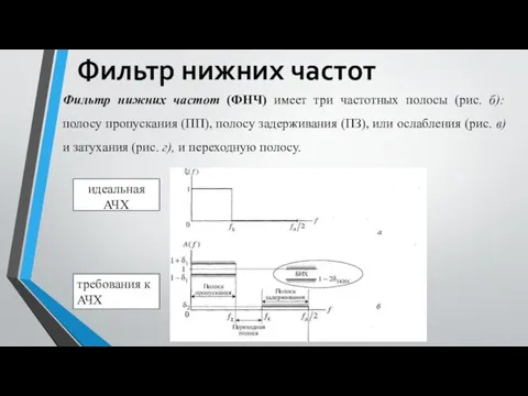 Фильтр нижних частот Фильтр нижних частот (ФНЧ) имеет три частотных полосы