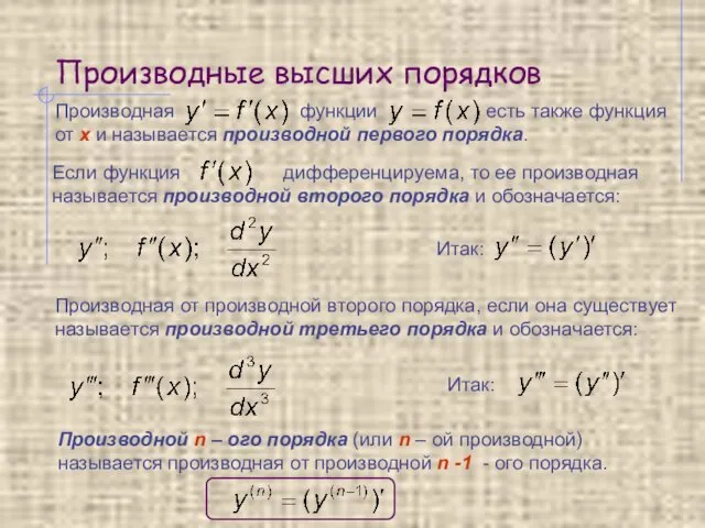 Производные высших порядков Итак: Производной n – ого порядка (или n