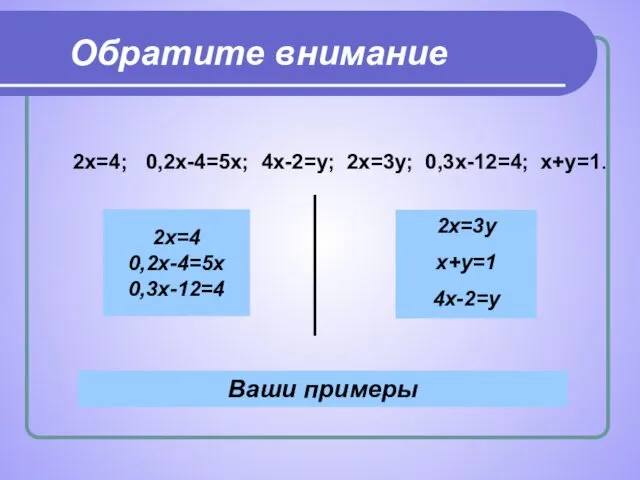 Обратите внимание 2х=4; 0,2х-4=5х; 4х-2=у; 2х=3у; 0,3х-12=4; х+у=1. 2х=4 0,2х-4=5х 0,3х-12=4 2х=3у х+у=1 4х-2=у Ваши примеры