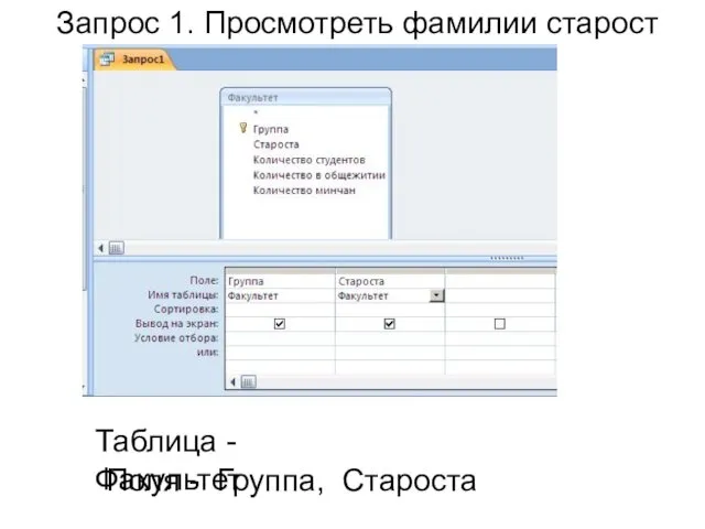 Запрос 1. Просмотреть фамилии старост Таблица - Факультет Поля - Группа, Староста