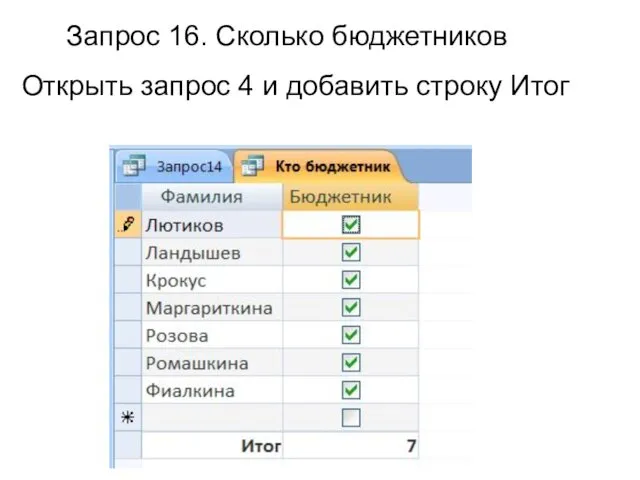 Запрос 16. Сколько бюджетников Открыть запрос 4 и добавить строку Итог