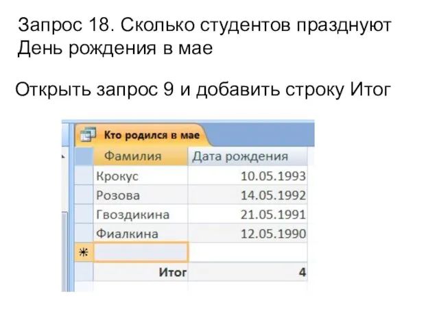 Запрос 18. Сколько студентов празднуют День рождения в мае Открыть запрос 9 и добавить строку Итог