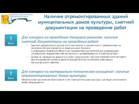 Наличие отремонтированных зданий муниципальных домов культуры, сметной документации на проведение работ