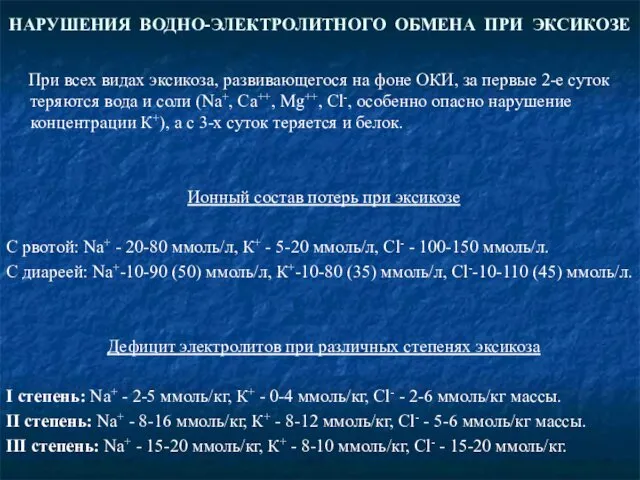 НАРУШЕНИЯ ВОДНО-ЭЛЕКТРОЛИТНОГО ОБМЕНА ПРИ ЭКСИКОЗЕ При всех видах эксикоза, развивающегося на