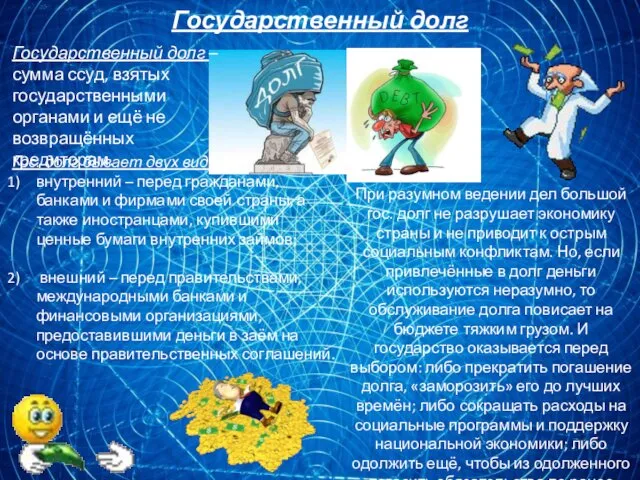 Государственный долг – сумма ссуд, взятых государственными органами и ещё не