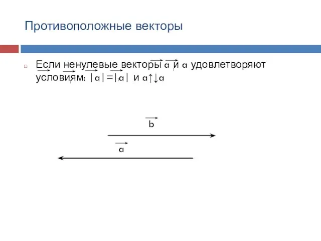 Противоположные векторы Если ненулевые векторы a и a удовлетворяют условиям: |a|=|a|