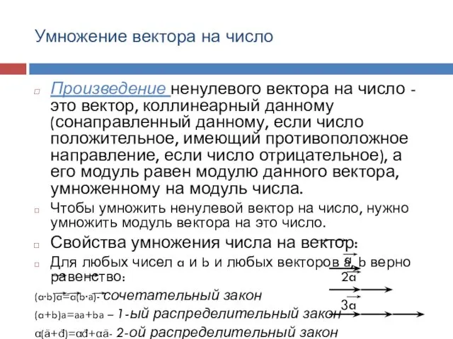 Умножение вектора на число Произведение ненулевого вектора на число - это