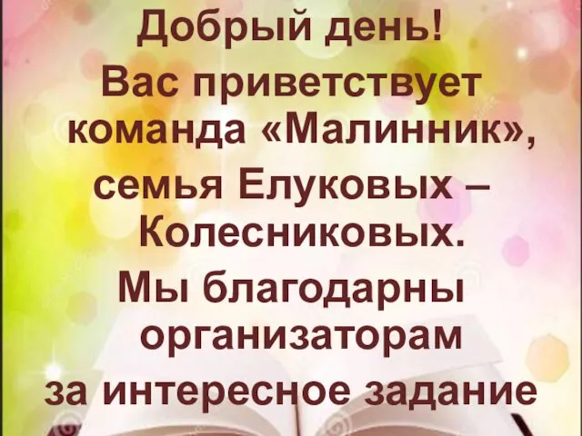 Добрый день! Вас приветствует команда «Малинник», семья Елуковых – Колесниковых. Мы