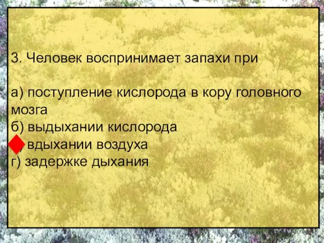 3. Человек воспринимает запахи при а) поступление кислорода в кору головного