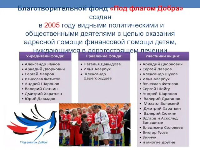 Благотворительной фонд «Под флагом Добра» создан в 2005 году видными политическими