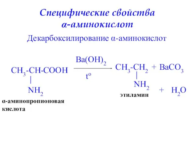Специфические свойства α-аминокислот Декарбоксилирование α-аминокислот CH3-CH- NH2 α-аминопропионовая кислота Ba(OH)2 to