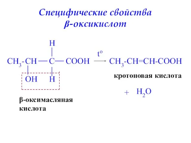 Специфические свойства β-оксикислот CH C COOH OH H H to CH3-CH=CH-COOH