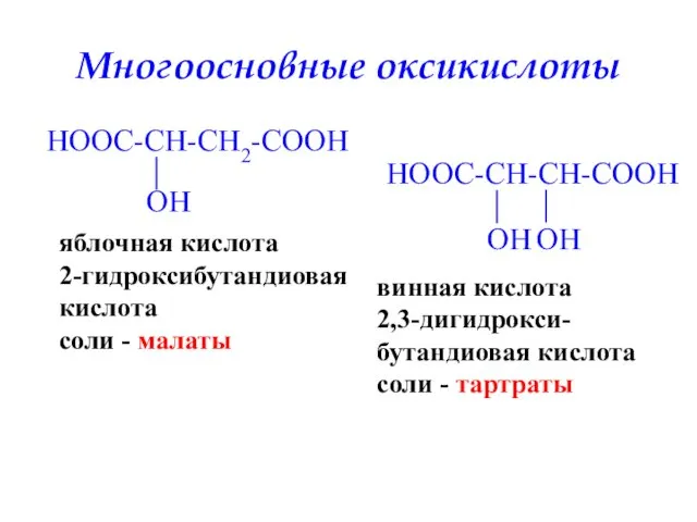 Многоосновные оксикислоты яблочная кислота 2-гидроксибутандиовая кислота соли - малаты винная кислота