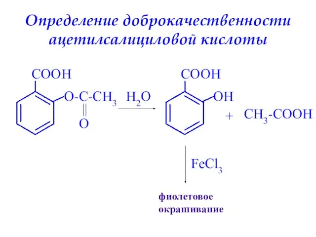 Определение доброкачественности ацетилсалициловой кислоты H2O COOH OH + CH3-COOH FeCl3 фиолетовое окрашивание