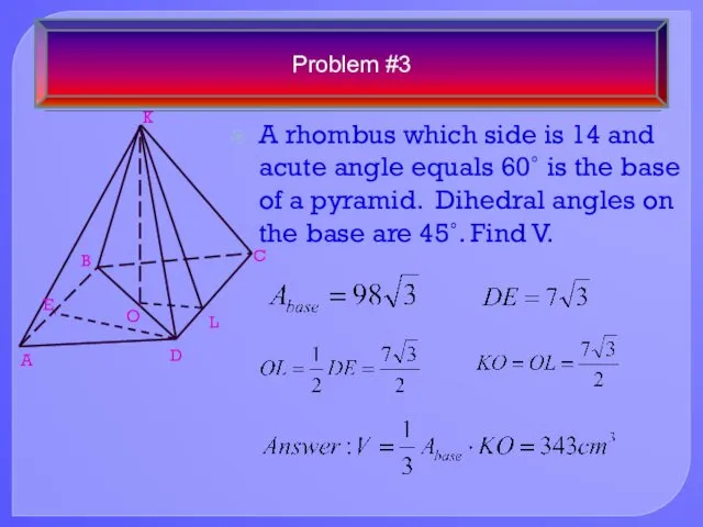 A rhombus which side is 14 and acute angle equals 60˚