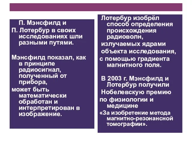 П. Мэнсфилд и П. Лотербур в своих исследованиях шли разными путями.