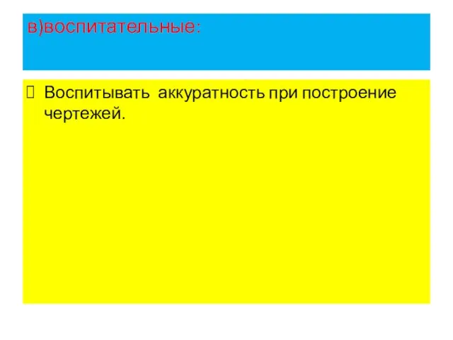 в)воспитательные: Воспитывать аккуратность при построение чертежей.