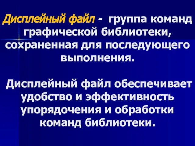 Дисплейный файл - группа команд графической библиотеки, сохраненная для последующего выполнения.