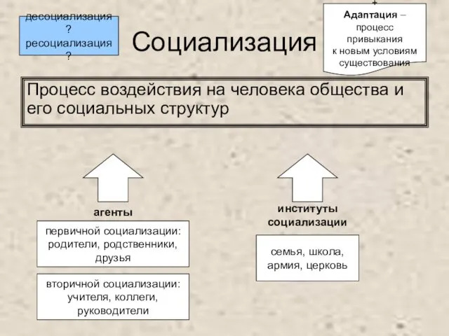 Социализация Процесс воздействия на человека общества и его социальных структур агенты