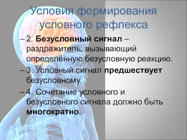 Условия формирования условного рефлекса 2. Безусловный сигнал – раздражитель, вызывающий определённую