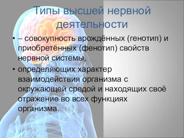 Типы высшей нервной деятельности – совокупность врождённых (генотип) и приобретённых (фенотип)