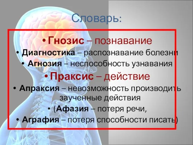 Гнозис – познавание Диагностика – распознавание болезни Агнозия – неспособность узнавания