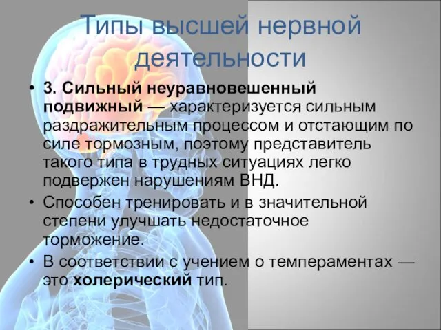 Типы высшей нервной деятельности 3. Сильный неуравновешенный подвижный — характеризуется сильным