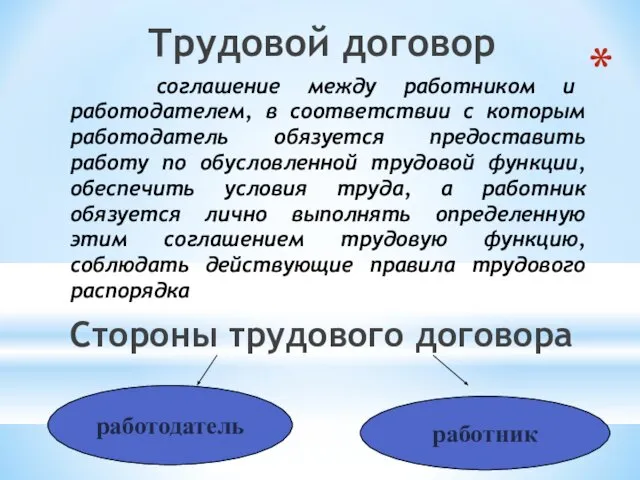 Трудовой договор соглашение между работником и работодателем, в соответствии с которым