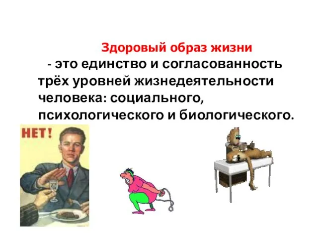 Здоровый образ жизни - это единство и согласованность трёх уровней жизнедеятельности человека: социального, психологического и биологического.