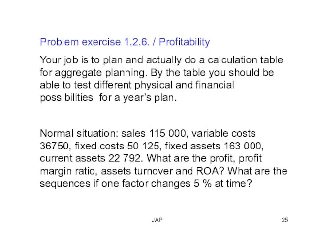 JAP Problem exercise 1.2.6. / Profitability Your job is to plan