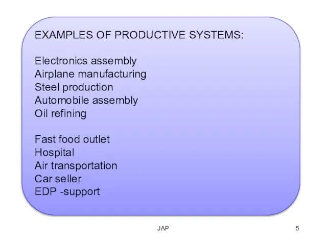 JAP EXAMPLES OF PRODUCTIVE SYSTEMS: Electronics assembly Airplane manufacturing Steel production