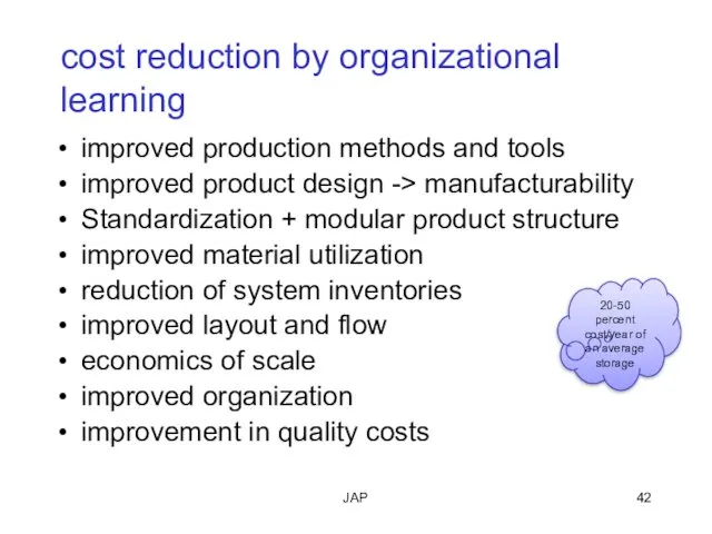 JAP cost reduction by organizational learning improved production methods and tools