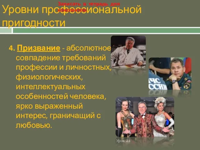 Уровни профессиональной пригодности Урок 23 4. Призвание - абсолютное совпадение требований