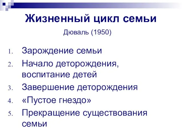 Жизненный цикл семьи Зарождение семьи Начало деторождения, воспитание детей Завершение деторождения