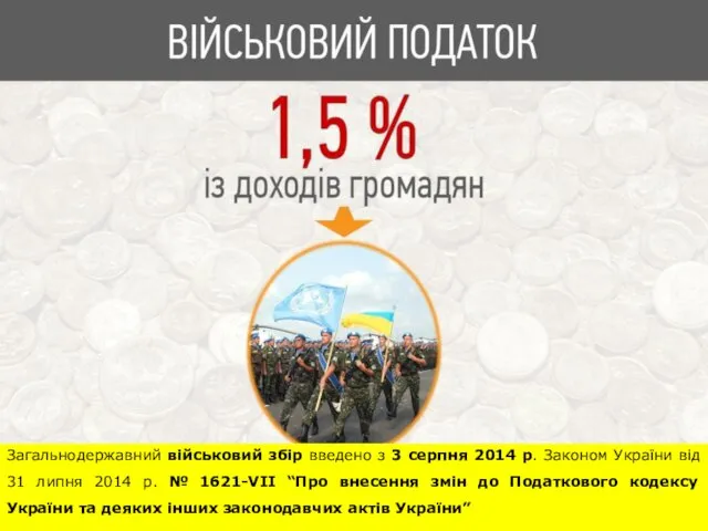 Загальнодержавний військовий збір введено з 3 серпня 2014 р. Законом України