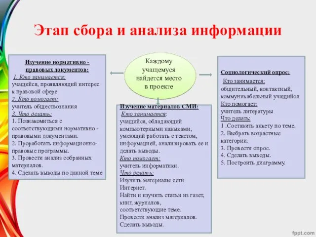 Этап сбора и анализа информации Каждому учащемуся найдется место в проекте