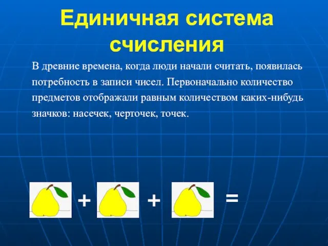 Единичная система счисления В древние времена, когда люди начали считать, появилась