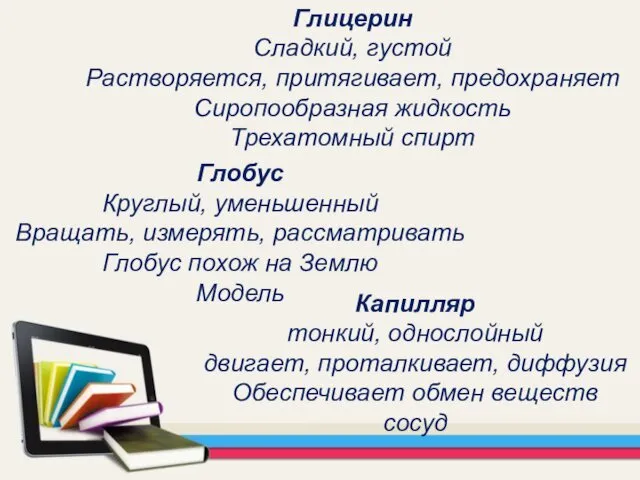 Глицерин Сладкий, густой Растворяется, притягивает, предохраняет Сиропообразная жидкость Трехатомный спирт Глобус