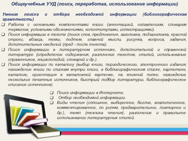 Общеучебные УУД (поиск, переработка, использование информации) Умения поиска и отбора необходимой