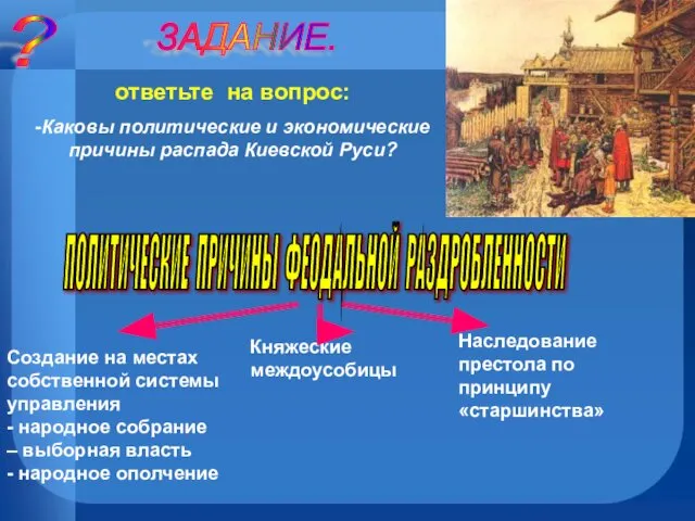 ЗАДАНИЕ. ответьте на вопрос: -Каковы политические и экономические причины распада Киевской