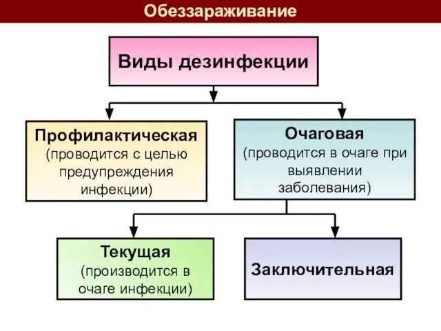 Виды дезинфекции Профилактическая (проводится с целью предупреждения инфекции) Очаговая (проводится в