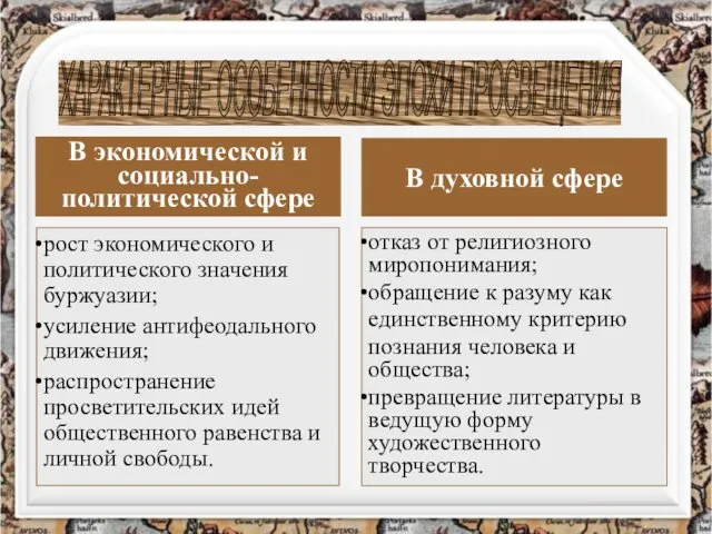 рост экономического и политического значения буржуазии; усиление антифеодального движения; распространение просветительских