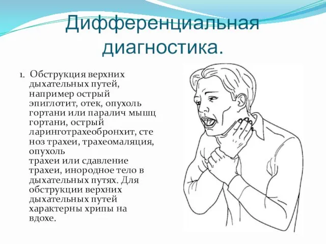 Дифференциальная диагностика. 1. Обструкция верхних дыхательных путей, например острый эпиглотит, отек,