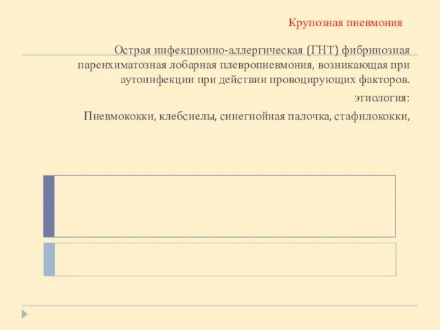 Крупозная пневмония Острая инфекционно-аллергическая (ГНТ) фибринозная паренхиматозная лобарная плевропневмония, возникающая при