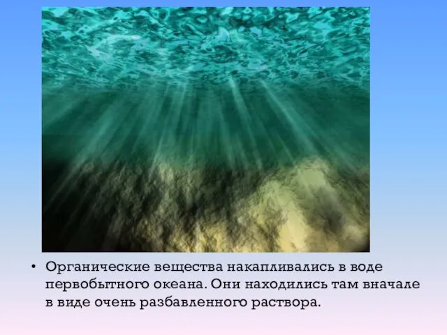 Органические вещества накапливались в воде первобытного океана. Они находились там вначале в виде очень разбавленного раствора.