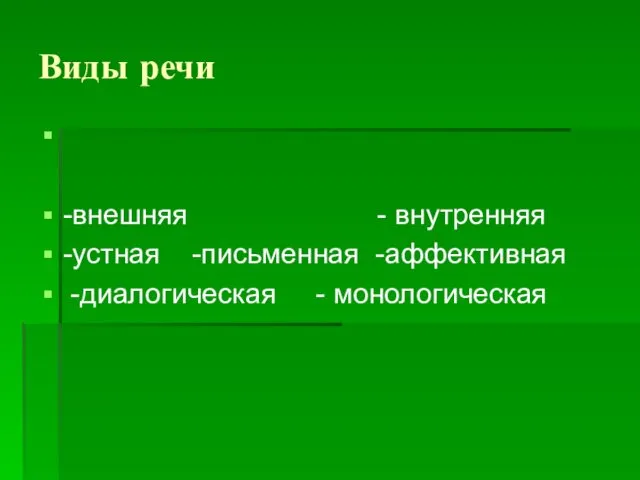 Виды речи -внешняя - внутренняя -устная -письменная -аффективная -диалогическая - монологическая