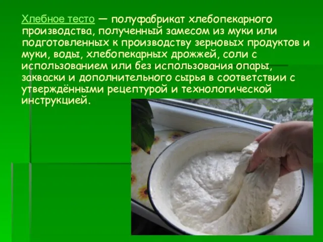 Хлебное тесто — полуфабрикат хлебопекарного производства, полученный замесом из муки или