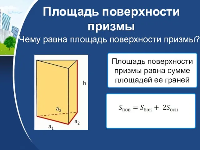 Площадь поверхности призмы Площадь поверхности призмы равна сумме площадей ее граней Чему равна площадь поверхности призмы?